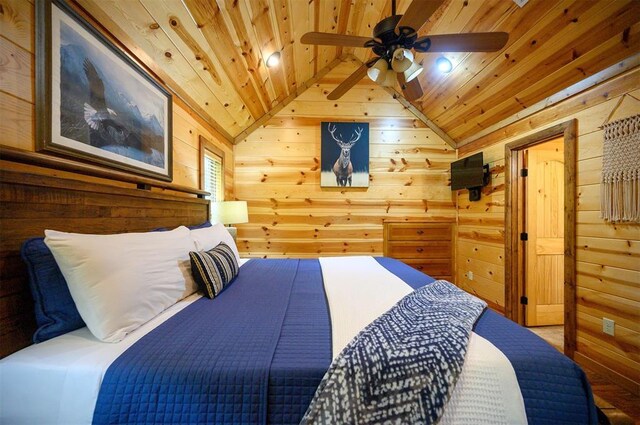 479 Poplar Cir, Broken Bow, OK 74728 - bedroom featuring wooden ceiling, lofted ceiling, and wooden walls
