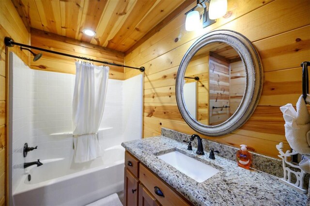 479 Poplar Cir, Broken Bow, OK 74728 - full bath with wood ceiling, wood walls, shower / tub combo, and vanity