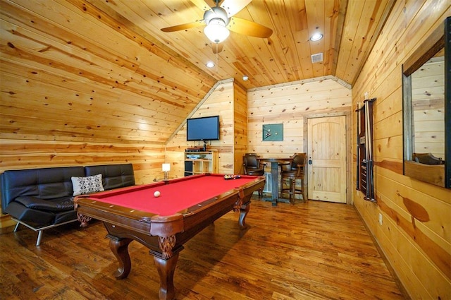 479 Poplar Cir, Broken Bow, OK 74728 - playroom featuring wood ceiling, vaulted ceiling, wood walls, pool table, and wood finished floors