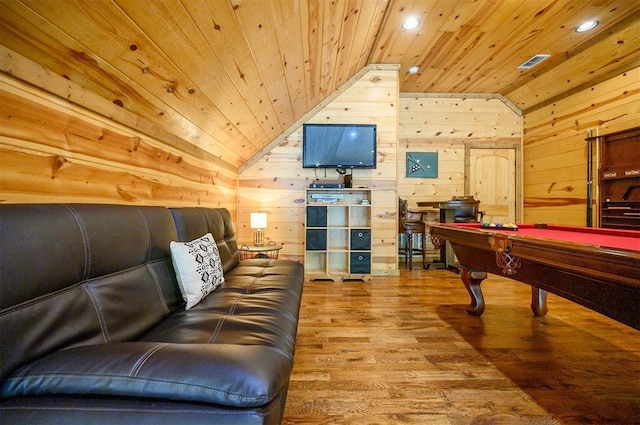 479 Poplar Cir, Broken Bow, OK 74728 - game room featuring wooden ceiling, wood finished floors, billiards table, wooden walls, and vaulted ceiling
