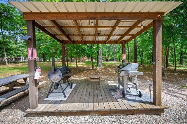 479 Poplar Cir, Broken Bow, OK 74728 - wooden terrace with a grill and view of scattered trees