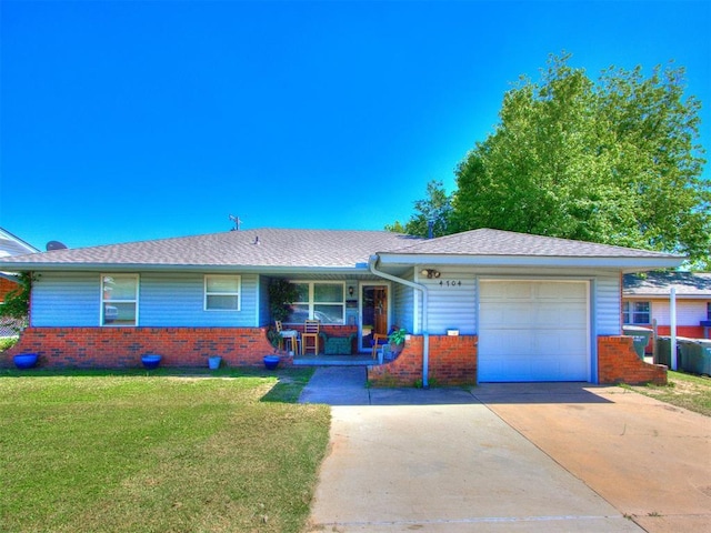 4704 Lisa Ln, Oklahoma City, OK 73115 - ranch-style house featuring an attached garage, driveway, brick siding, and a porch