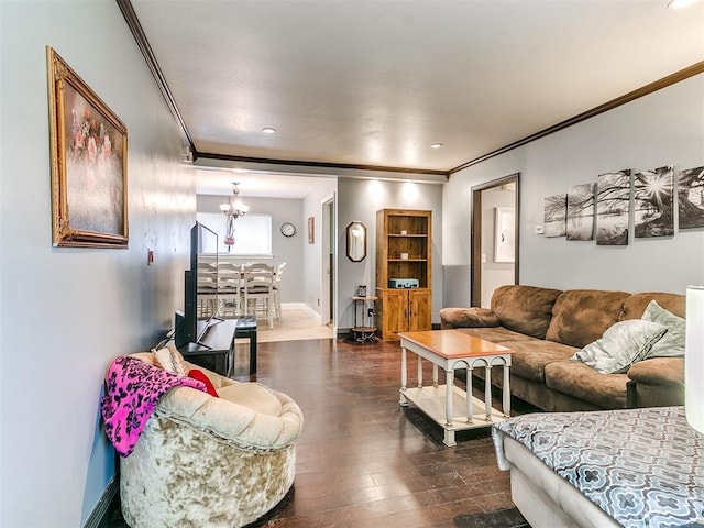 5721 NW 65th St, Warr Acres, OK 73132 - living area with crown molding, a chandelier, dark wood-type flooring, baseboards, and recessed lighting