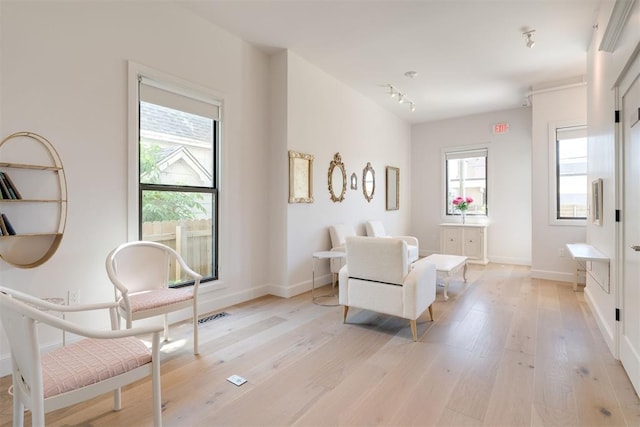 614 NW 8th St Unit 1-4, Oklahoma City, OK 73102 - living area featuring light wood-style flooring, baseboards, and rail lighting