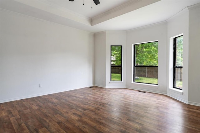 unfurnished room featuring plenty of natural light, ceiling fan, wood finished floors, ornamental molding, and a tray ceiling
