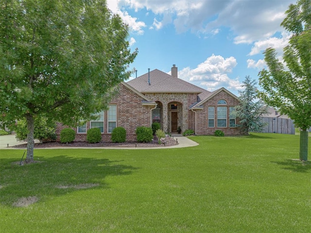 french country home featuring brick siding, a chimney, and roof with shingles