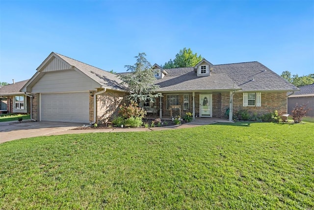 8309 NW 101st St, Oklahoma City, OK 73162 - view of front of home with a garage, a front yard, brick siding, and driveway