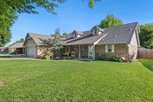 8309 NW 101st St, Oklahoma City, OK 73162 - cape cod-style house featuring brick siding, an attached garage, driveway, a shingled roof, and a porch