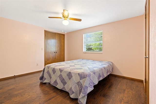 8309 NW 101st St, Oklahoma City, OK 73162 - bedroom with wood finished floors, baseboards, ceiling fan, and a closet