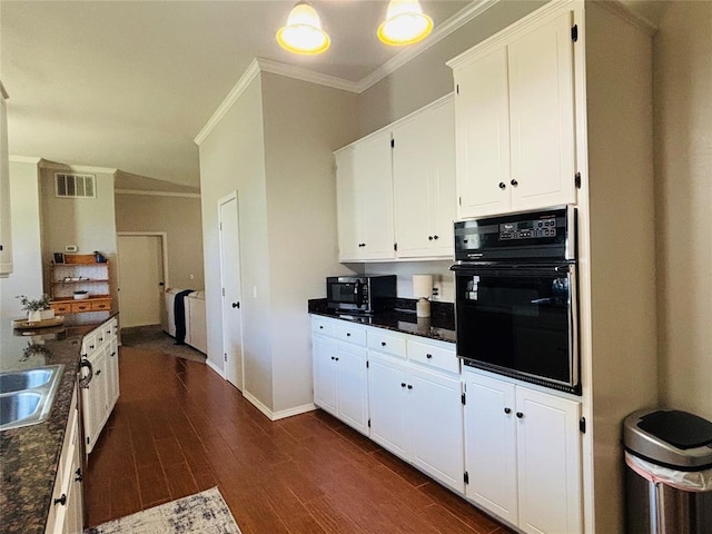 416 S Harrison Ave, Blanchard, OK 73010 - kitchen featuring black appliances, ornamental molding, white cabinets, dark wood finished floors, and baseboards