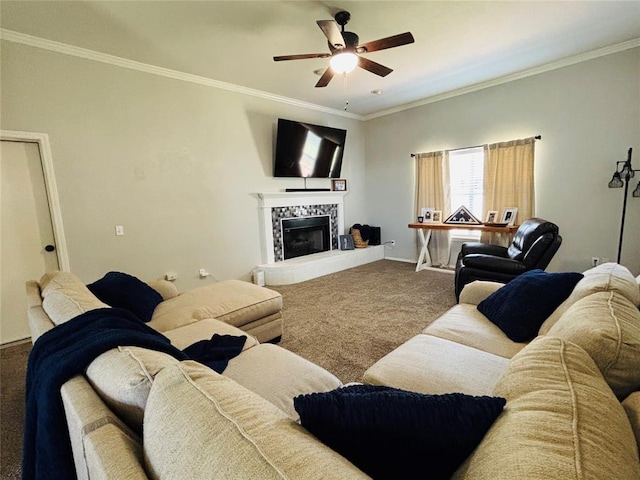 416 S Harrison Ave, Blanchard, OK 73010 - living room featuring carpet floors, ceiling fan, ornamental molding, a fireplace, and baseboards