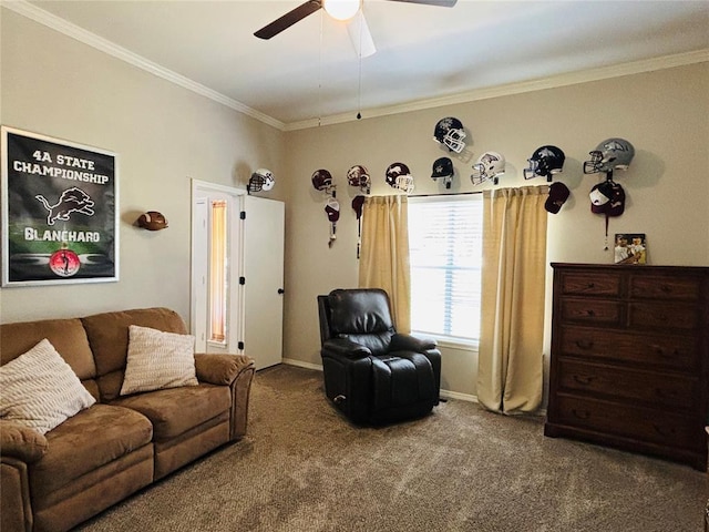 416 S Harrison Ave, Blanchard, OK 73010 - living room featuring carpet floors, ornamental molding, ceiling fan, and baseboards