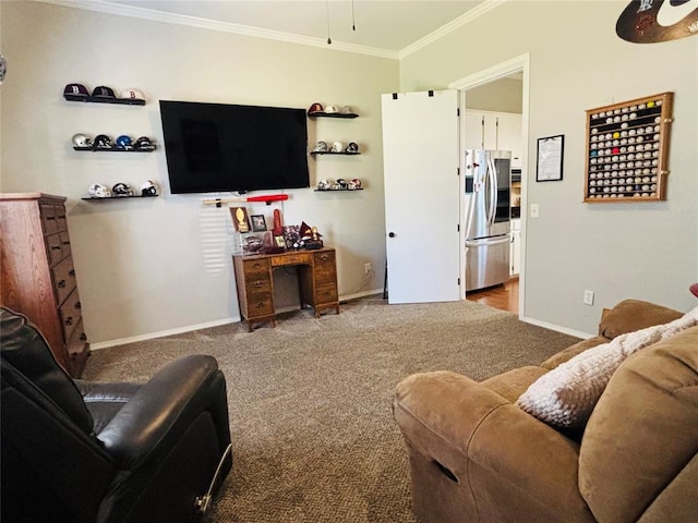 416 S Harrison Ave, Blanchard, OK 73010 - carpeted living area featuring crown molding and baseboards