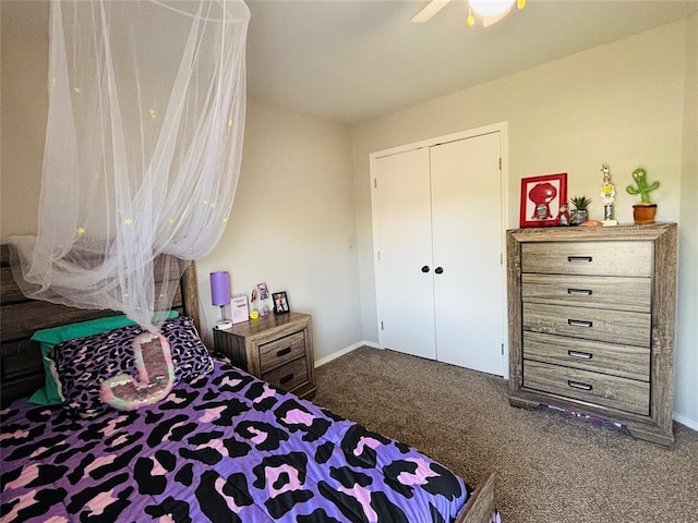 416 S Harrison Ave, Blanchard, OK 73010 - carpeted bedroom with baseboards, a closet, and a ceiling fan