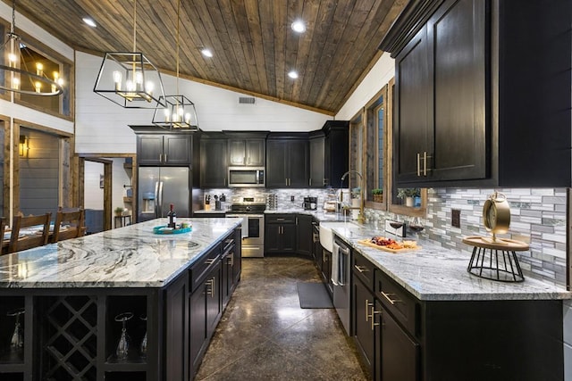 kitchen featuring stainless steel appliances, wood ceiling, a kitchen island, lofted ceiling, and light stone countertops
