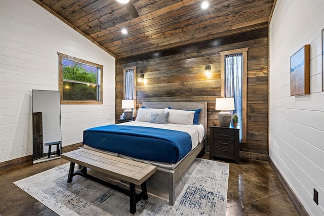 bedroom with wood ceiling, wooden walls, finished concrete flooring, lofted ceiling, and baseboards