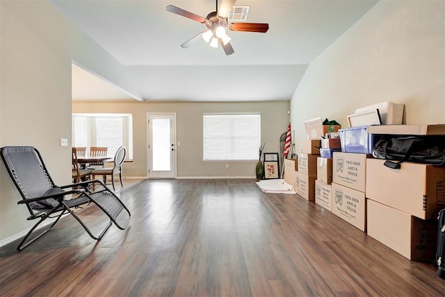 12032 SW 10th St, Yukon, OK 73099 - entryway with lofted ceiling, a ceiling fan, dark wood-type flooring, and healthy amount of natural light