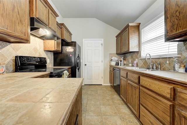 12032 SW 10th St, Yukon, OK 73099 - kitchen featuring electric range, exhaust hood, dishwasher, lofted ceiling, and tasteful backsplash