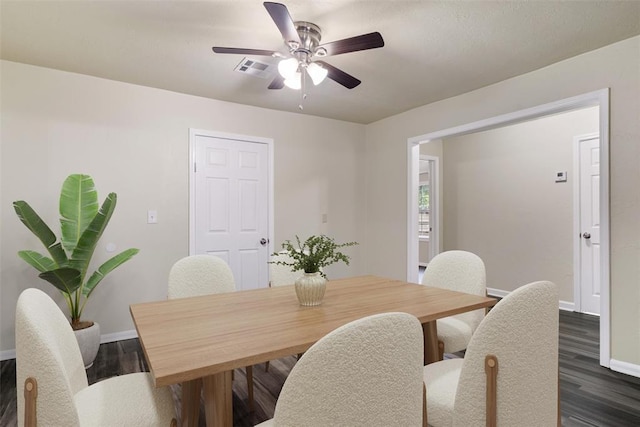 436 SE 54th St, Oklahoma City, OK 73129 - dining area featuring dark wood-style flooring, baseboards, and a ceiling fan