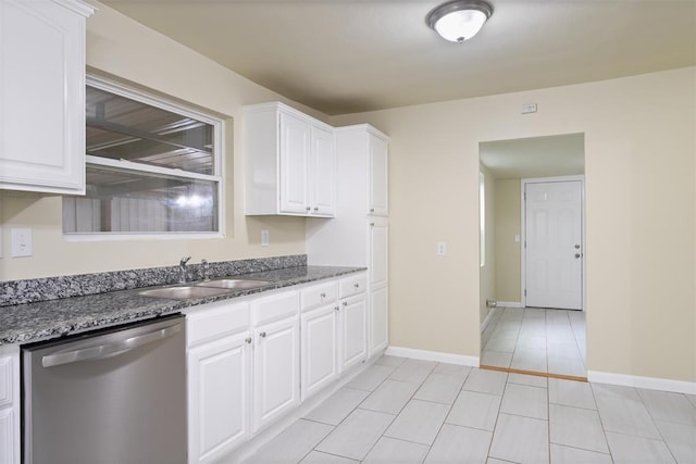 436 SE 54th St, Oklahoma City, OK 73129 - kitchen with stainless steel dishwasher, a sink, white cabinets, and dark stone countertops