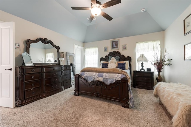 8208 Poplar Dr, Edmond, OK 73034 - bedroom with carpet floors, vaulted ceiling, multiple windows, and ceiling fan