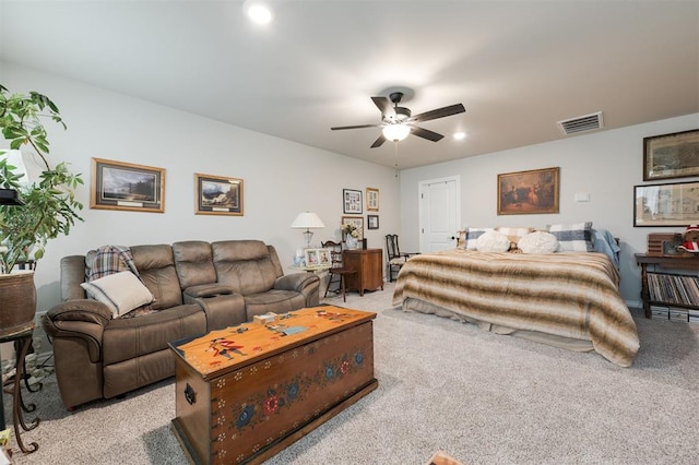 8208 Poplar Dr, Edmond, OK 73034 - bedroom featuring light carpet, recessed lighting, and ceiling fan