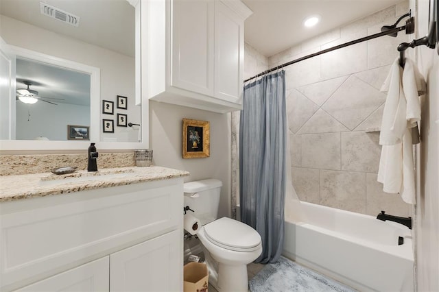 8208 Poplar Dr, Edmond, OK 73034 - bathroom featuring toilet, vanity, shower / tub combo, a ceiling fan, and recessed lighting