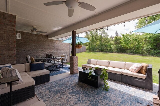 8208 Poplar Dr, Edmond, OK 73034 - view of patio with an outdoor hangout area, a ceiling fan, and outdoor dining area