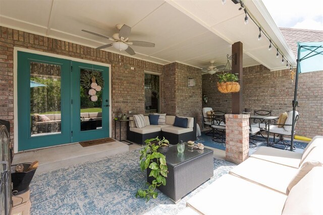 8208 Poplar Dr, Edmond, OK 73034 - view of patio with a ceiling fan, french doors, outdoor dining space, and an outdoor hangout area