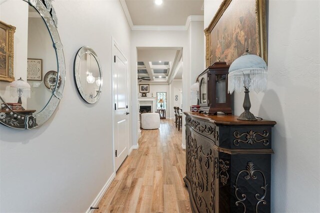 8208 Poplar Dr, Edmond, OK 73034 - hallway with ornamental molding, light wood finished floors, baseboards, and recessed lighting