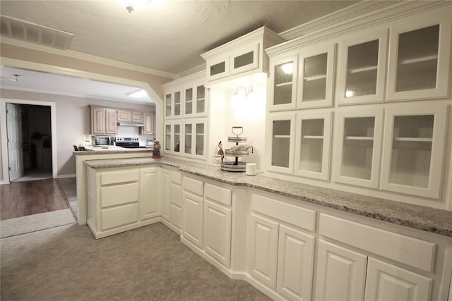 kitchen with glass insert cabinets, crown molding, light stone countertops, carpet floors, and a peninsula