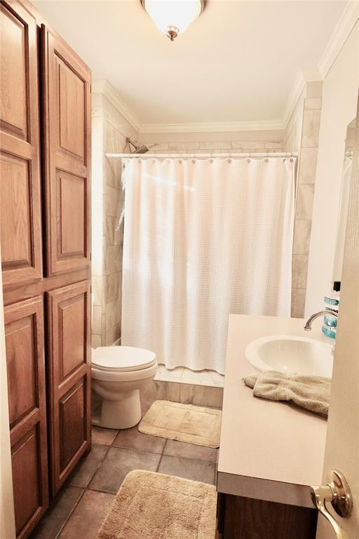 bathroom with crown molding, toilet, a shower with shower curtain, and vanity