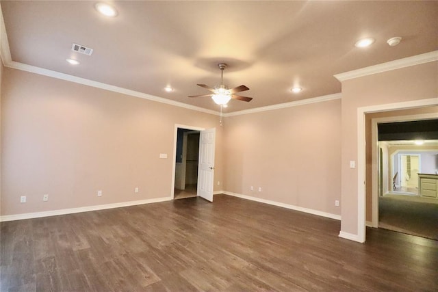 empty room featuring a ceiling fan, dark wood-style flooring, ornamental molding, baseboards, and recessed lighting