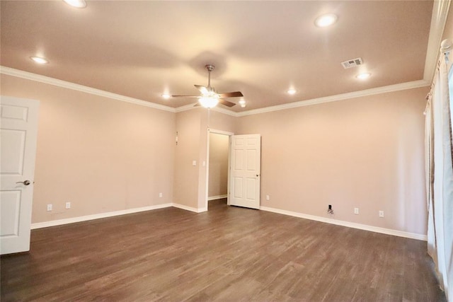 spare room with dark wood finished floors, ceiling fan, recessed lighting, baseboards, and crown molding