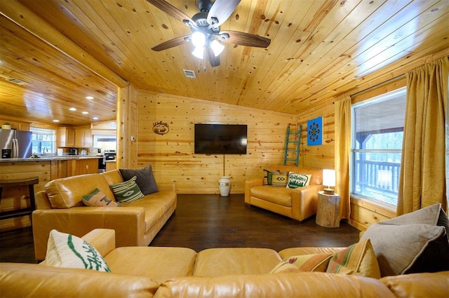 living room featuring wooden ceiling, wood-type flooring, ceiling fan, lofted ceiling, and wood walls