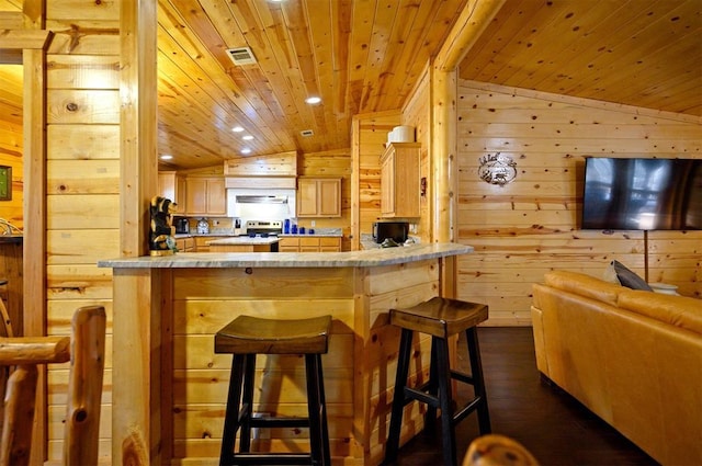 bar with wooden ceiling, wooden walls, vaulted ceiling, dark wood-type flooring, and range