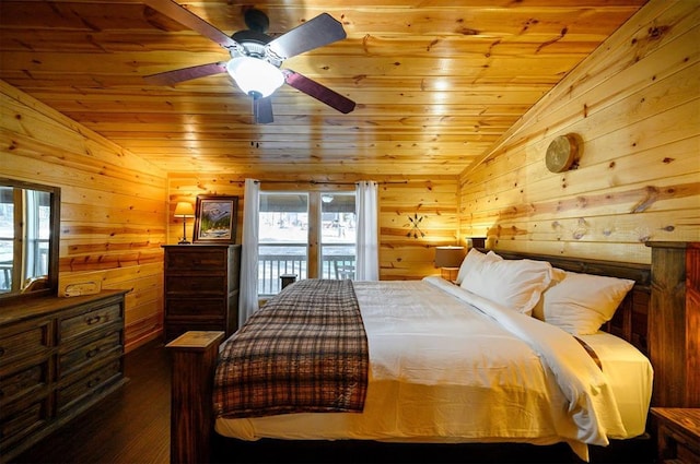 bedroom with vaulted ceiling, wood ceiling, access to outside, multiple windows, and wood finished floors