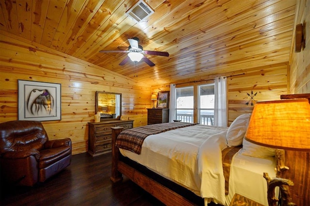 bedroom with wooden ceiling, lofted ceiling, hardwood / wood-style flooring, access to outside, and wood walls