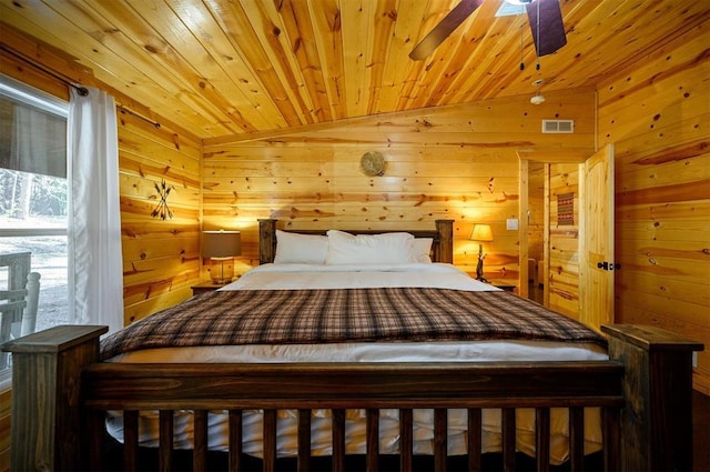 bedroom featuring wooden walls, vaulted ceiling, and wooden ceiling