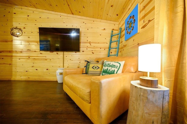 living area featuring wood ceiling, dark wood-style floors, and wooden walls
