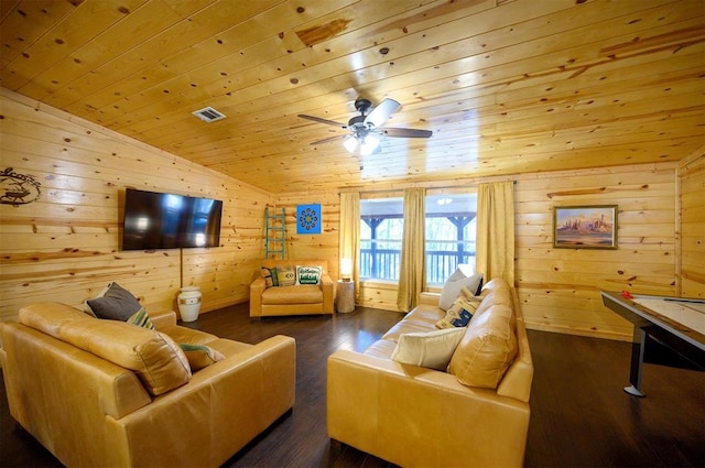 living area with dark wood-style flooring, vaulted ceiling, wood walls, wooden ceiling, and ceiling fan