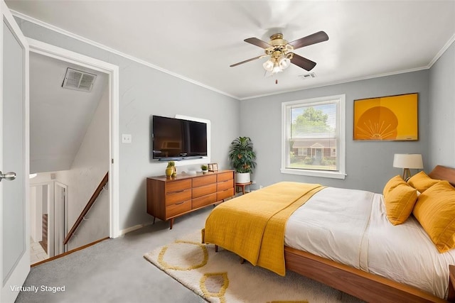 2545 W Eubanks St, Oklahoma City, OK 73112 - bedroom featuring ornamental molding, light carpet, baseboards, and a ceiling fan