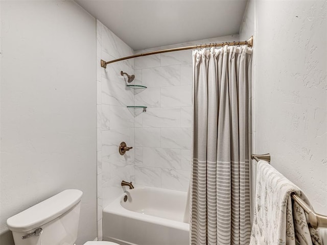 full bathroom with toilet and shower / bath combination with curtain