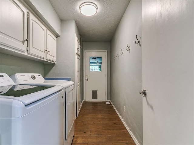 2916 Prairie Rose Ct, Oklahoma City, OK 73120 - laundry room featuring independent washer and dryer, dark wood-type flooring, cabinet space, a textured ceiling, and baseboards