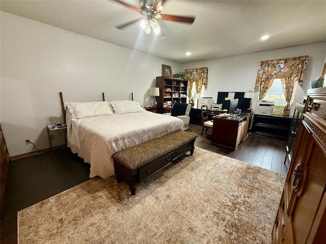 bedroom with wood finished floors, recessed lighting, and a ceiling fan