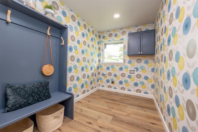 2101 NW 60th St, Oklahoma City, OK 73112 - mudroom with wallpapered walls, baseboards, light wood finished floors, and recessed lighting