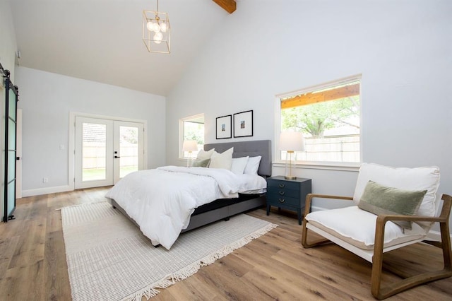 2101 NW 60th St, Oklahoma City, OK 73112 - bedroom with high vaulted ceiling, access to outside, multiple windows, light wood-style flooring, and baseboards
