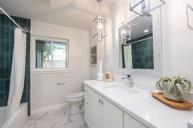 2101 NW 60th St, Oklahoma City, OK 73112 - full bath with vanity, marble look tile flooring, toilet, shower / bath combination with curtain, and baseboards