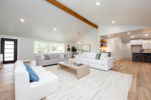 2101 NW 60th St, Oklahoma City, OK 73112 - living area with beamed ceiling, light wood-style floors, recessed lighting, baseboards, and high vaulted ceiling