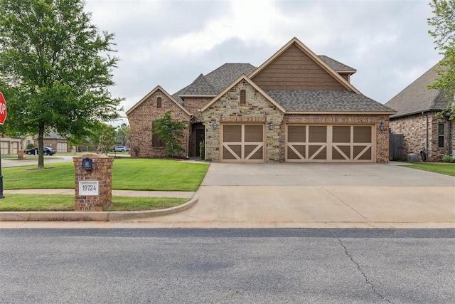 19724 Meadow Bend Ave, Edmond, OK 73012 - view of front of house featuring a shingled roof, a front yard, an attached garage, driveway, and brick siding